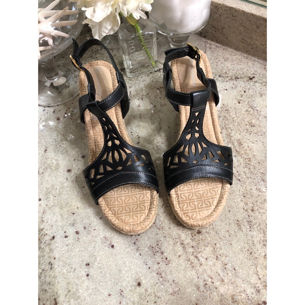Rockport Black Gladiator Cutout Wedge Sandals Leather Espadrille K61121 Womens 8
